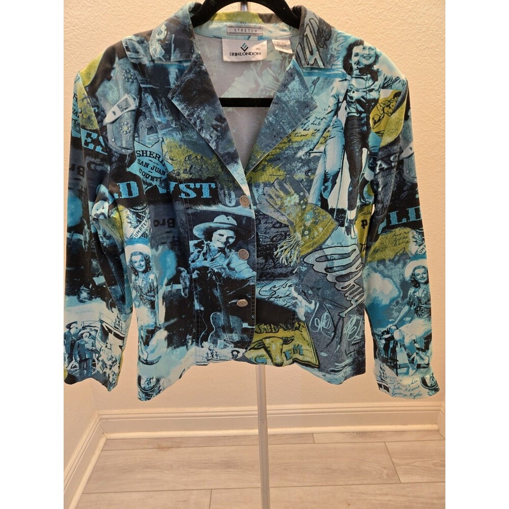 Erin London Cowgirl Novelty Print Western Blazer Jacket M Womens Y2K